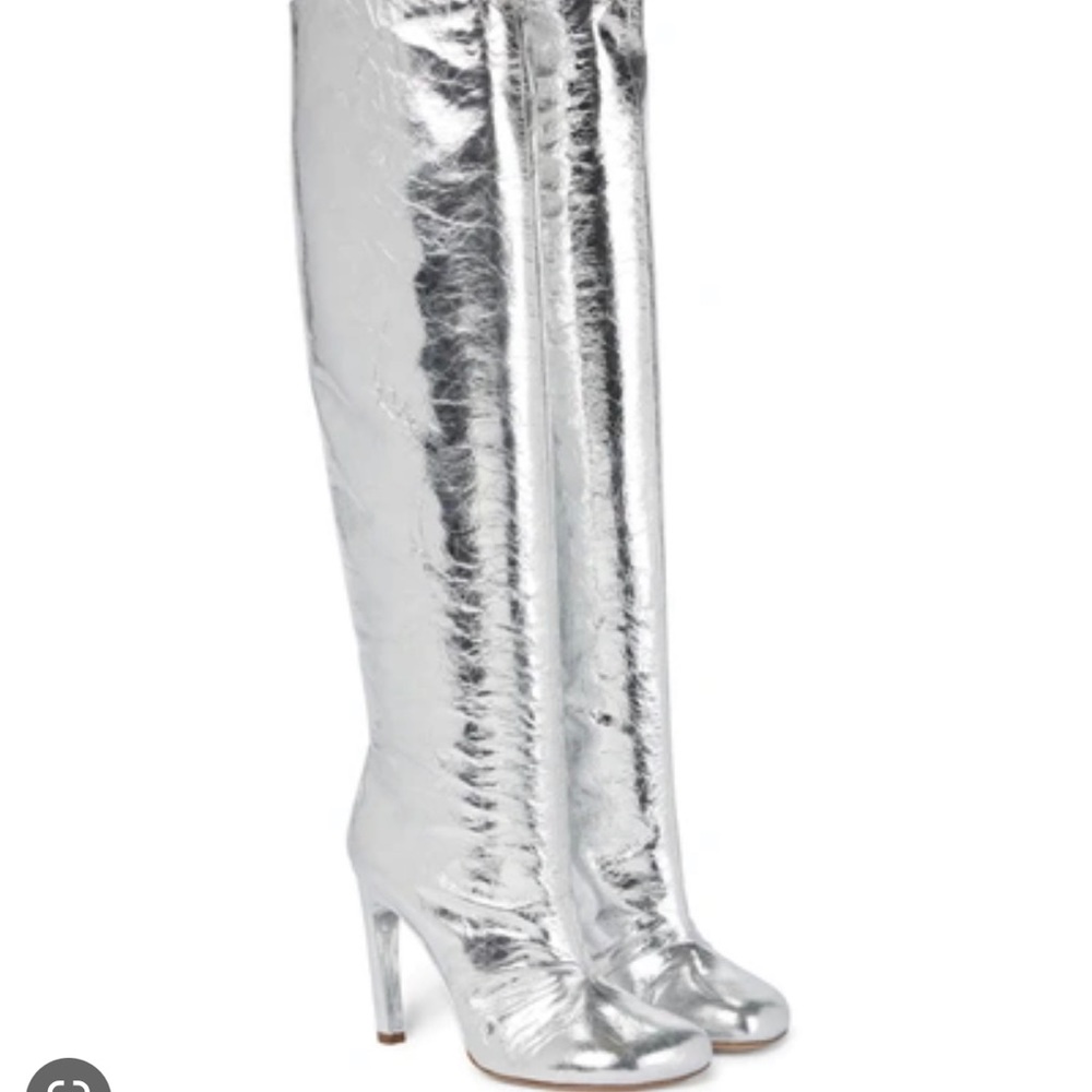 DRIES VAN NOTEN SILVER CRACKED LEATHER KNEE BOOTS